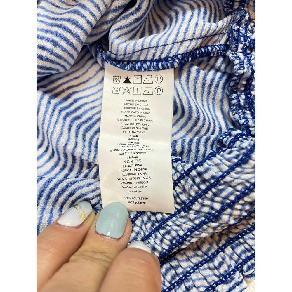 Michael Kors Blouse L Blue White Wave Stripe Grommet Smocked Hem Dolman Coastal - Picture 7 of 7